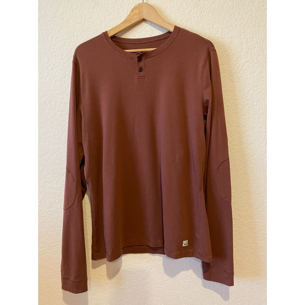 Vuori Ever Henley Top Size M Elbow Patches Copper Rust Performance Stretch Pima